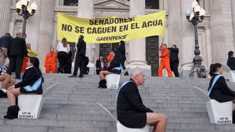 Activistas de Greenpeace se manifestaron en el Congreso contra la Ley de Glaciares: «No se caguen en el agua»
