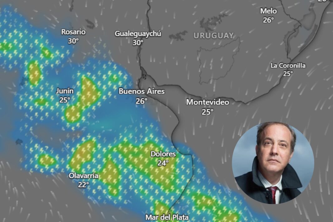 Mapa del tiempo mostrando la región del AMBA con íconos de sol, nubes y lluvia.